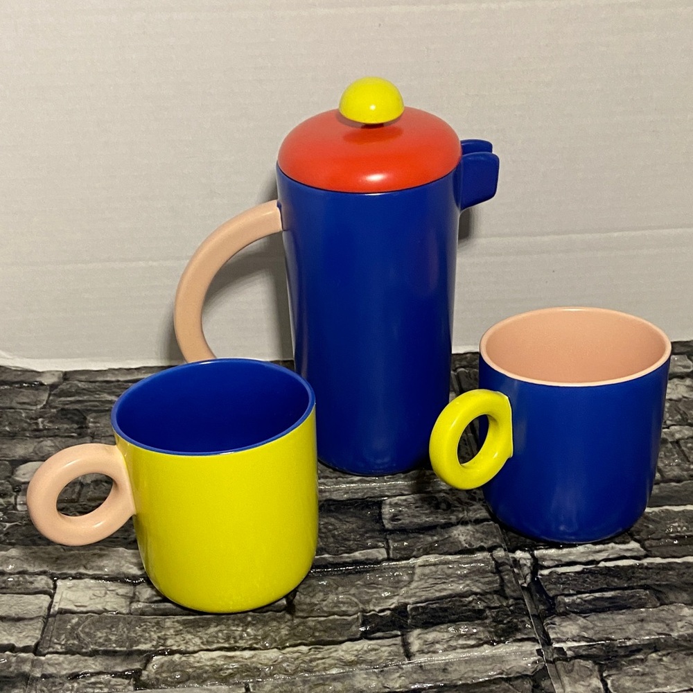 OUI Postmodern ceramic French press coffee set with mugs.